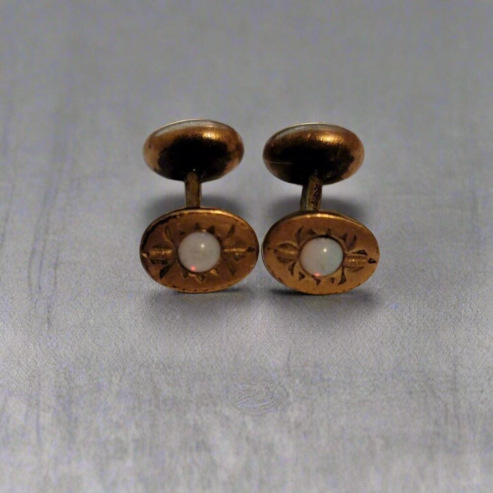 Vintage Gold Tone Oval Cufflinks – Faux Moonstone Center with Engraved Design